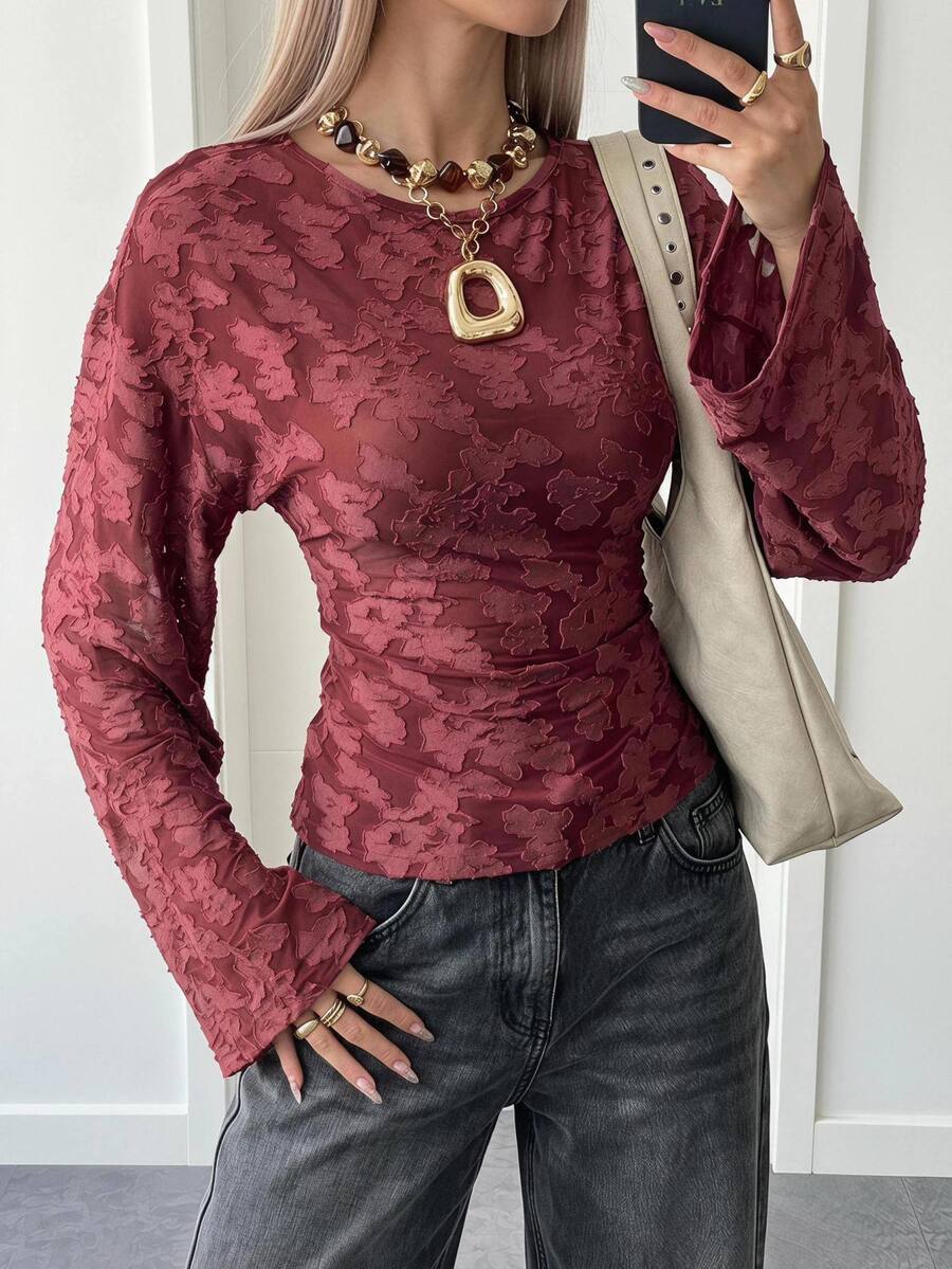 SHEIN EZwear Fall/ French Style Burgundy Flare Sleeve Knit Elegant Romantic Textured T-Shirt Brunch Dinner - Burgundy - View 1