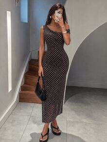SHEIN Tall Women's Black And White Polka Dot Print Asymmetric Neck Sleeveless Dress Party Night Night Out Summer Sexy - Brown - View 1