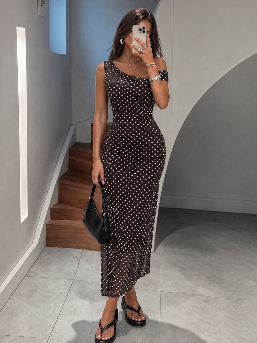 SHEIN Tall Women's Black And White Polka Dot Print Asymmetric Neck Sleeveless Dress Party Night Night Out Summer Sexy - Brown - View 1