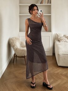 SHEIN Tall Women's Black And White Polka Dot Print Asymmetric Neck Sleeveless Dress Party Night Night Out Summer Sexy - Brown - View 3