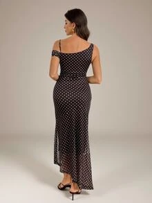 SHEIN Tall Women's Black And White Polka Dot Print Asymmetric Neck Sleeveless Dress Party Night Night Out Summer Sexy - Brown - View 5