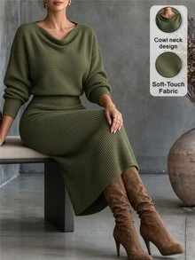 Linhara CURVE Plus Size Women's Solid Color Knit Sweater Dress, Ruched Round Neck Slim Fit Minimalist Casual, Suitable For Daily Commute, Office, Romantic Vacation, Elegant - Dark Green - View 3