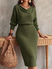 Linhara CURVE Plus Size Women's Solid Color Knit Sweater Dress, Ruched Round Neck Slim Fit Minimalist Casual, Suitable For Daily Commute, Office, Romantic Vacation, Elegant - Dark Green - View 4