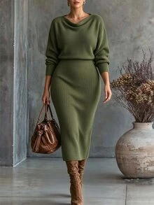 Linhara CURVE Plus Size Women's Solid Color Knit Sweater Dress, Ruched Round Neck Slim Fit Minimalist Casual, Suitable For Daily Commute, Office, Romantic Vacation, Elegant - Dark Green - View 8