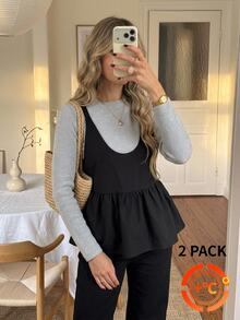 Easowa Bộ 2 áo nữ gồm áo tay dài cổ tròn và áo tank top gấu bèo nhún - Nhiều màu - Xem 2