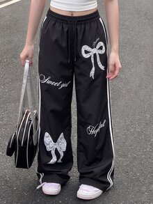 SHEIN 青少年女孩秋季寬腿百搭休閒寬鬆工裝運動長褲，極簡風，返校穿搭，正式工作風，黑色 - 黑色 - 查看 4