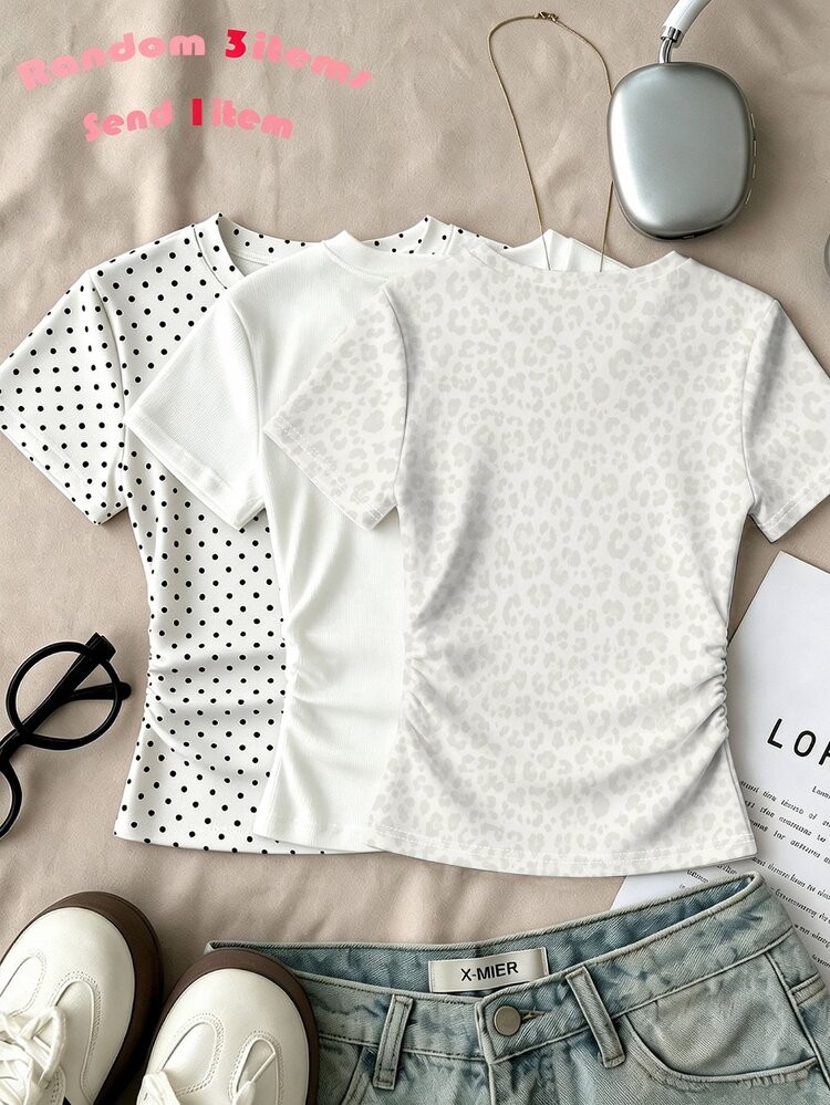 SHEIN Sparklyn Teen Girls Slim Fit Ruched Waist Round Neck Short Sleeve T-Shirt Cute Casual School White Polka Dot White Grey Leopard Print Summer - Multicolor - View 2