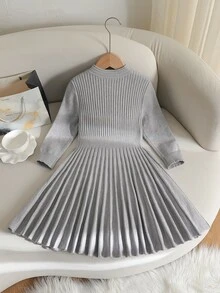 女童圓領長袖鈕扣針織洋裝 白色秋季套裝 - 灰色 - 查看 2