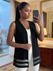 SHEIN Lady CURVE 大尺碼時尚網格拼接口袋背心外套 - 黑色 - 查看 4