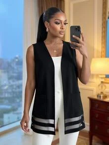 SHEIN Lady CURVE 大尺碼時尚網格拼接口袋背心外套 - 黑色 - 查看 3