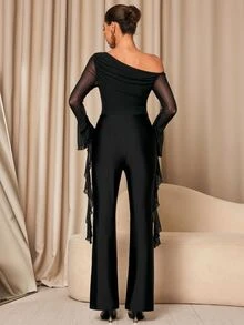 MaterniChic Maternity Asymmetrical Shoulder Mesh Patchwork Ruffle Hem Summer Casual Daily Jumpsuit Fall - Black - View 2