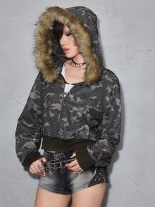 ROMWE Street Life Camo Print Rhinestone Fuzzy Trim Zip Up Hooded Crop Sweatshirt - Multicolor - View 4