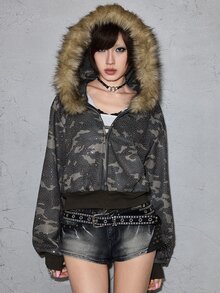 ROMWE Street Life Camo Print Rhinestone Fuzzy Trim Zip Up Hooded Crop Sweatshirt - Multicolor - View 1