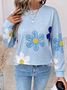 SHEIN LUNE 女款教堂穿搭藍色上衣冬季女裝花卉印花圓領落肩長袖休閒衛衣 - 白色 - 查看 3