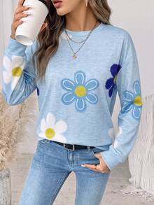 SHEIN LUNE 女款教堂穿搭藍色上衣冬季女裝花卉印花圓領落肩長袖休閒衛衣 - 白色 - 查看 6