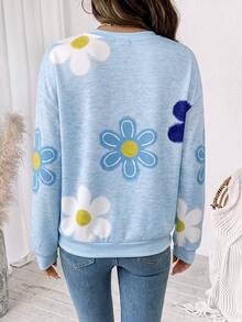 SHEIN LUNE 女款教堂穿搭藍色上衣冬季女裝花卉印花圓領落肩長袖休閒衛衣 - 白色 - 查看 4