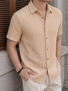 HIMLAND Men's Woven Casual Short Sleeve Shirt Halloween Winter Party Autumn  - Apricot - View 5