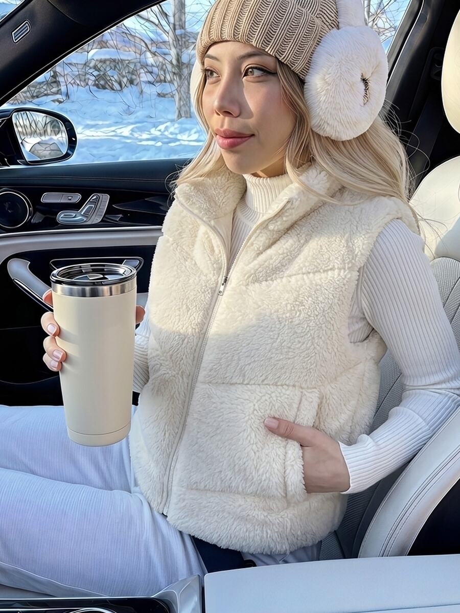 SHEIN 女童米白色抓絨填充背心,秋季服飾,立領拉鍊仿羊羔絨無袖,寬鬆版型柔軟蓬鬆可愛,適合學校社團,端莊大方 - 白色 - 查看 1