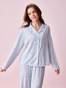 Bonmuse 2pcs/Set Women's Loose Comfortable Breathable Long Sleeve Top + Long Pants Cute Pajama Set - Blue - View 10