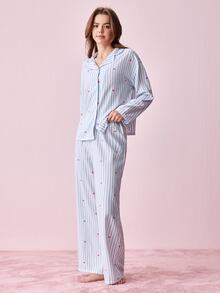 Bonmuse 2pcs/Set Women's Loose Comfortable Breathable Long Sleeve Top + Long Pants Cute Pajama Set - Blue - View 11