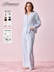 Bonmuse 2pcs/Set Women's Loose Comfortable Breathable Long Sleeve Top + Long Pants Cute Pajama Set - Blue - View 1