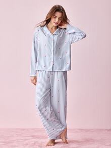 Bonmuse 2pcs/Set Women's Loose Comfortable Breathable Long Sleeve Top + Long Pants Cute Pajama Set - Blue - View 8