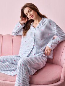Bonmuse 2pcs/Set Women's Loose Comfortable Breathable Long Sleeve Top + Long Pants Cute Pajama Set - Blue - View 5