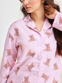 Bonmuse 2pcs Women Loose Cardigan Button Bear Print Long Sleeve + Elastic Waist Pants Pajama Set Cute Homewear - Pink - View 7