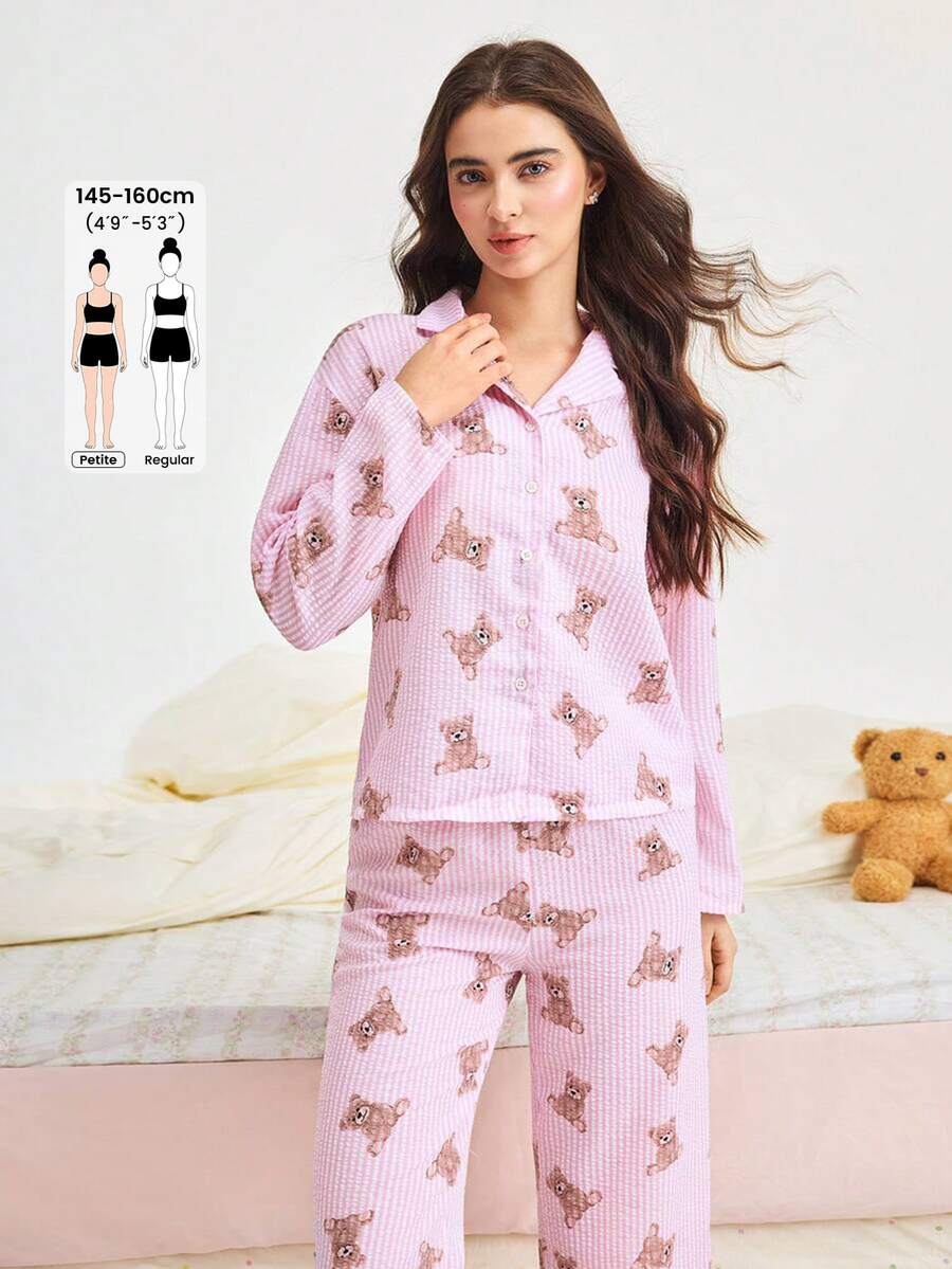 Bonmuse 2pcs Women Loose Cardigan Button Bear Print Long Sleeve + Elastic Waist Pants Pajama Set Cute Homewear - Pink - View 1