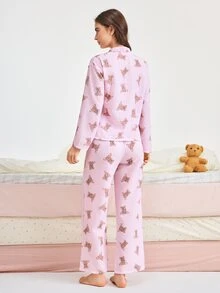 Bonmuse 2pcs Women Loose Cardigan Button Bear Print Long Sleeve + Elastic Waist Pants Pajama Set Cute Homewear - Pink - View 2
