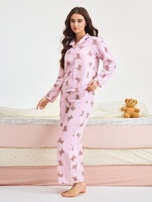 Bonmuse 2pcs Women Loose Cardigan Button Bear Print Long Sleeve + Elastic Waist Pants Pajama Set Cute Homewear - Pink - View 5