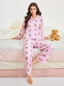 Bonmuse 2pcs Women Loose Cardigan Button Bear Print Long Sleeve + Elastic Waist Pants Pajama Set Cute Homewear - Pink - View 3