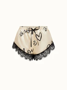 Bonmuse PETITE 3-Piece Contrast Color Lace Letter Print Pajama Set, Spaghetti Strap Top + Elastic Waist Long Pants + Bow Decor Shorts, Comfortable Loungewear - Champagne - View 12