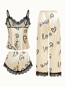 Bonmuse PETITE 3-Piece Contrast Color Lace Letter Print Pajama Set, Spaghetti Strap Top + Elastic Waist Long Pants + Bow Decor Shorts, Comfortable Loungewear - Champagne - View 2