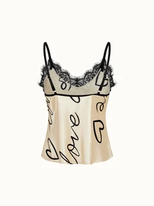 Bonmuse PETITE 3-Piece Contrast Color Lace Letter Print Pajama Set, Spaghetti Strap Top + Elastic Waist Long Pants + Bow Decor Shorts, Comfortable Loungewear - Champagne - View 3