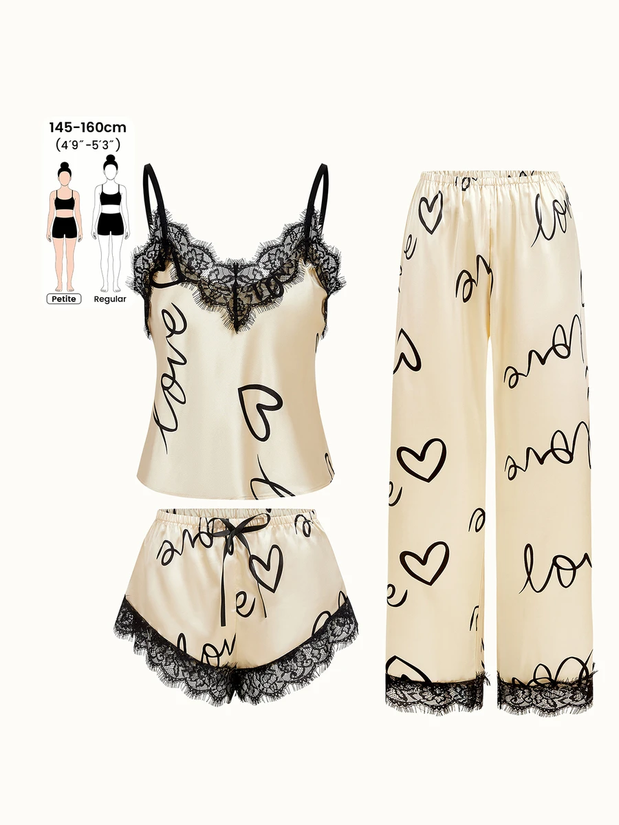Bonmuse 3-Piece Contrast Color Lace Letter Print Pajama Set, Spaghetti ...