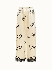 Bonmuse PETITE 3-Piece Contrast Color Lace Letter Print Pajama Set, Spaghetti Strap Top + Elastic Waist Long Pants + Bow Decor Shorts, Comfortable Loungewear - Champagne - View 5