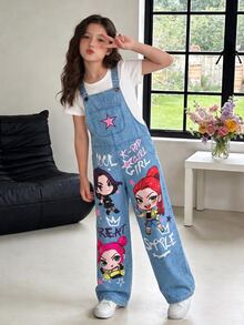 SHEIN Teen Girls Fall Clothes Fall Cartoon Print Denim Effect Wide Leg Overalls, Travel Shopping Casual Outfit, Holiday Outfits, Autumn - Blue - View 9