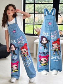 SHEIN Teen Girls Fall Clothes Fall Cartoon Print Denim Effect Wide Leg Overalls, Travel Shopping Casual Outfit, Holiday Outfits, Autumn - Blue - View 8