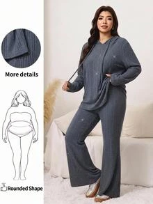 SHEIN LUNE 大尺碼女款長袖抽繩連帽上衣與長褲休閒寬鬆兩件套 正式居家服 灰色 秋冬居家度假穿搭 - 深灰色 - 查看 7