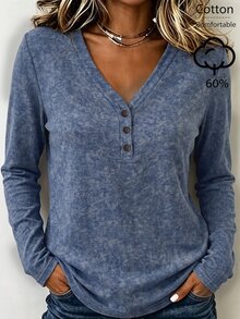Holdful Holdful Women's Autumn Blue Washed Cotton V-Neck Casual Versatile T-Shirt - Blue - View 1