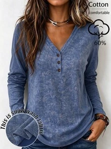 Holdful Holdful Women's Autumn Blue Washed Cotton V-Neck Casual Versatile T-Shirt - Blue - View 4