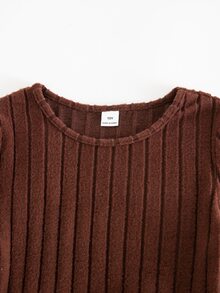 SHEIN Tween女孩針織純色圓領拼接梭織花卉下擺休閒洋裝 - 咖啡 - 查看 8