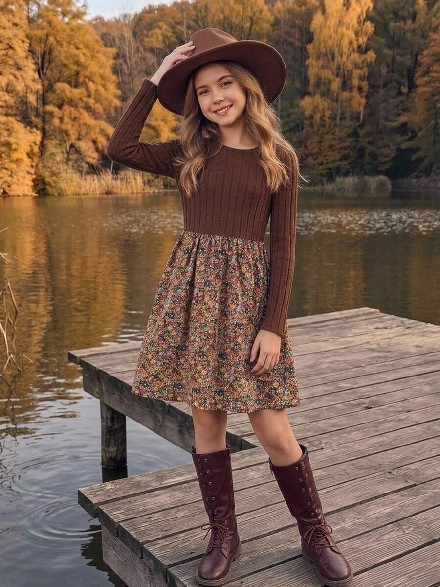 SHEIN Tween Girl Knitted Solid Kids Color Round Neck Patchwork Woven Floral Hem Casual Dress - Coffee - View 1