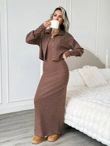 Easowa Women's Solid Color Camisole Dress And Long Sleeve Cardigan Casual Daily 2 Pieces Set - Brown - View 4