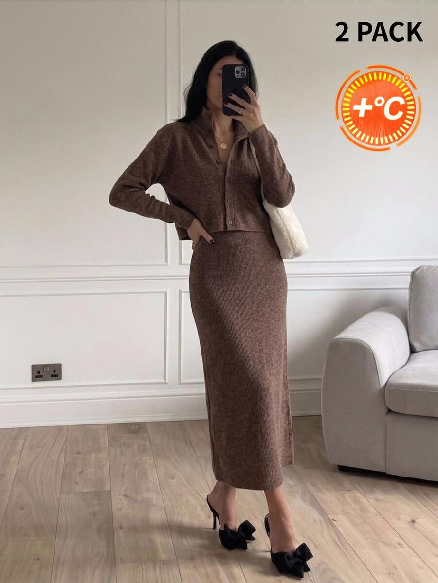 Easowa Women's Solid Color Camisole Dress And Long Sleeve Cardigan Casual Daily 2 Pieces Set - Brown - View 1