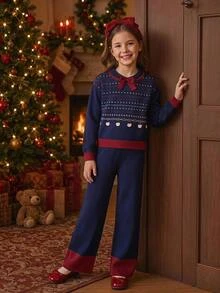 Tween Girl Jacquard Contrast Color Lace-Up Sweater And Pants Set Off Campus Formal Fall Cute Preppy - Navy Blue - View 10
