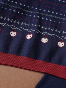 Tween Girl Jacquard Contrast Color Lace-Up Sweater And Pants Set Off Campus Formal Fall Cute Preppy - Navy Blue - View 6