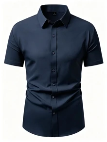 Calvornis Men Solid Button Front Shirt, Formal, Ceremony - Navy Blue - View 3