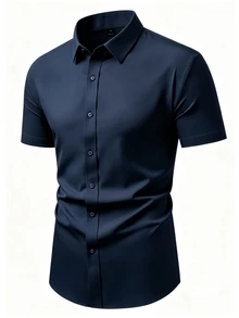 Calvornis Men Solid Button Front Shirt, Formal, Ceremony - Navy Blue - View 4